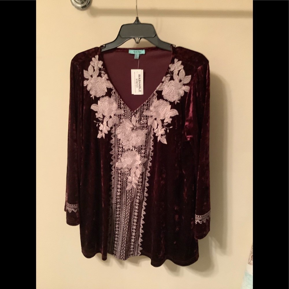 Stretch velvet top with beautiful embroidery down the front & on the sleeve, Lg